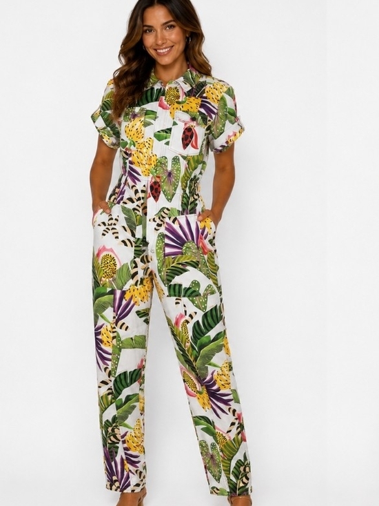 FARM Rio Pants - FARM Rio Striped Forest Printed Denim Jumpsuit